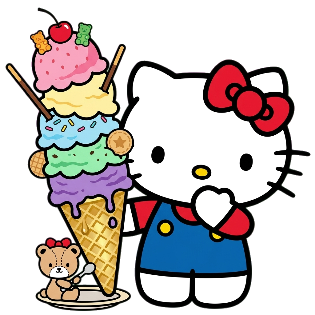 Hello Kitty holding a tall colorful ice cream cone on a transparent background.