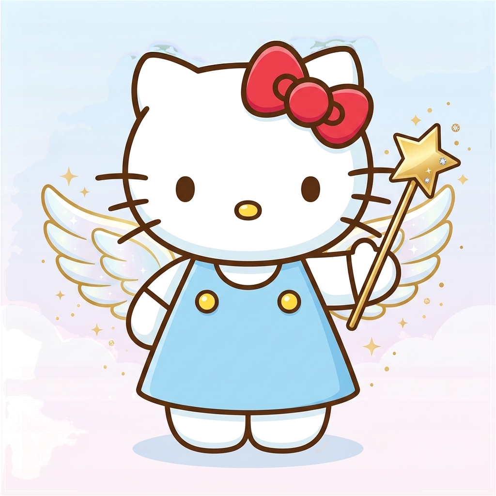 Hello Kitty holding a star-tipped magic wand.