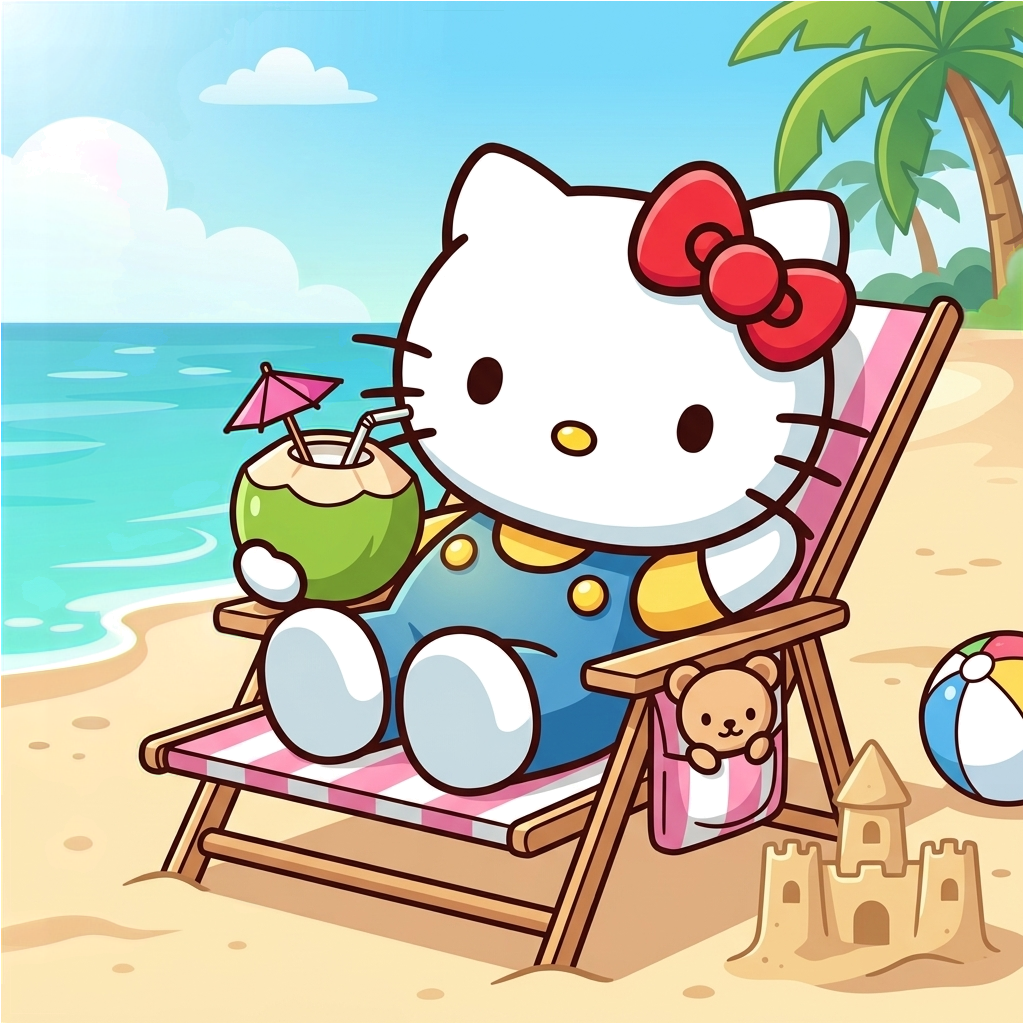 Hello Kitty relaxing on a beach chair near the shore.