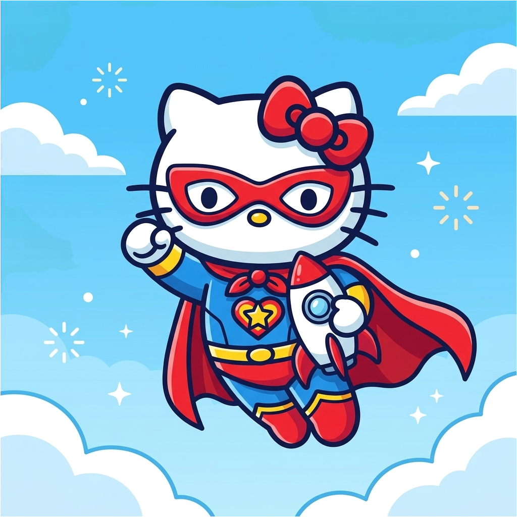 Hello Kitty dressed as a superhero with a cape and mask.