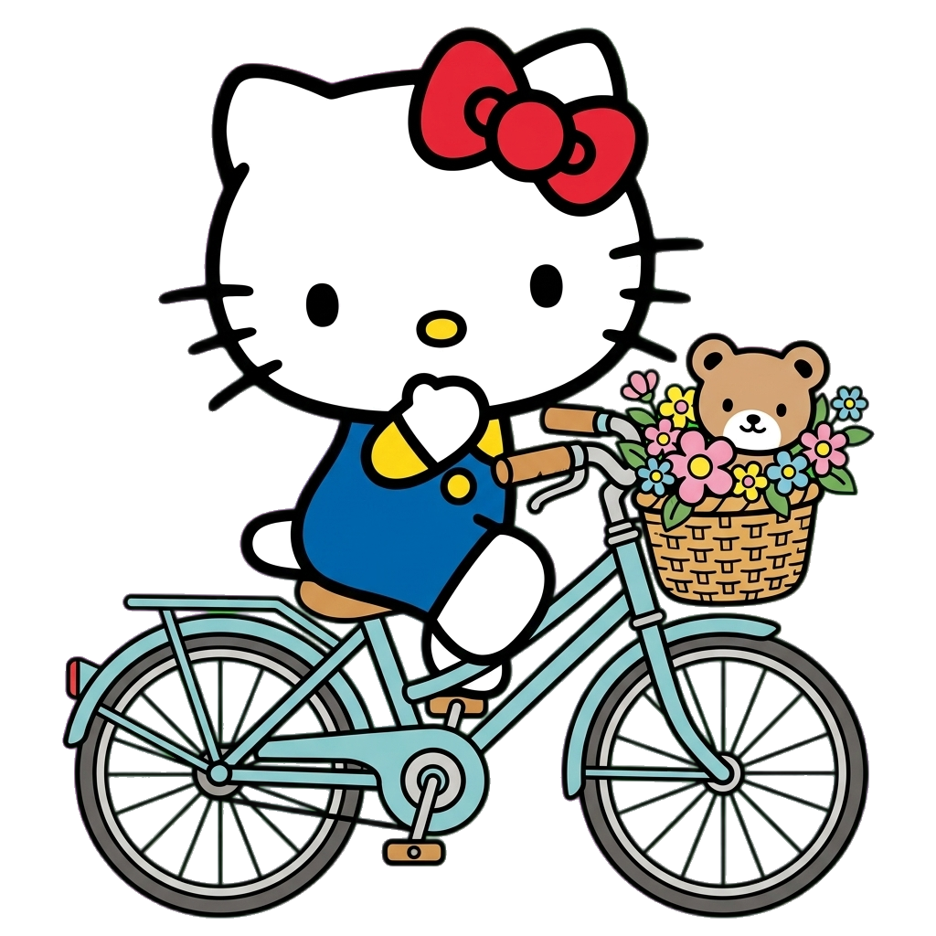 Hello Kitty riding a bicycle with a friendly smile.