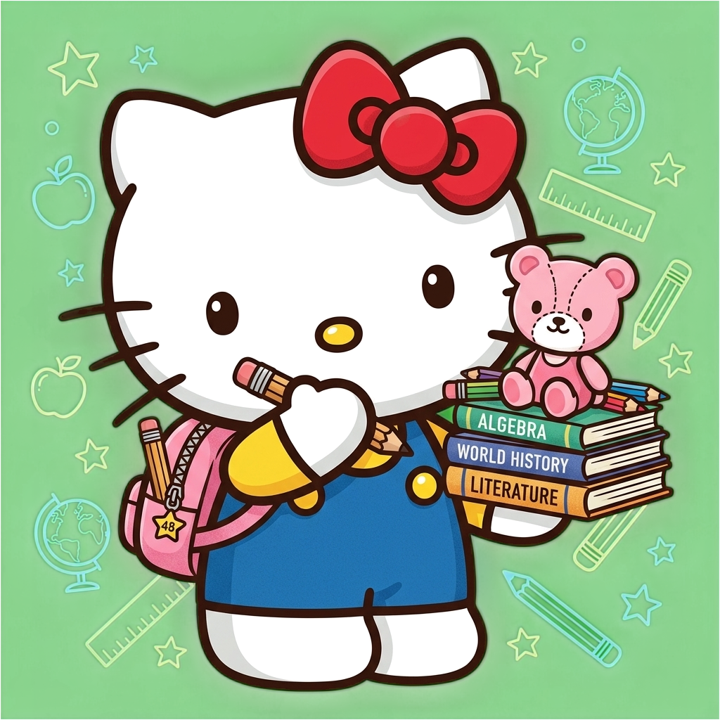 Hello Kitty carrying a basket filled with flowers.