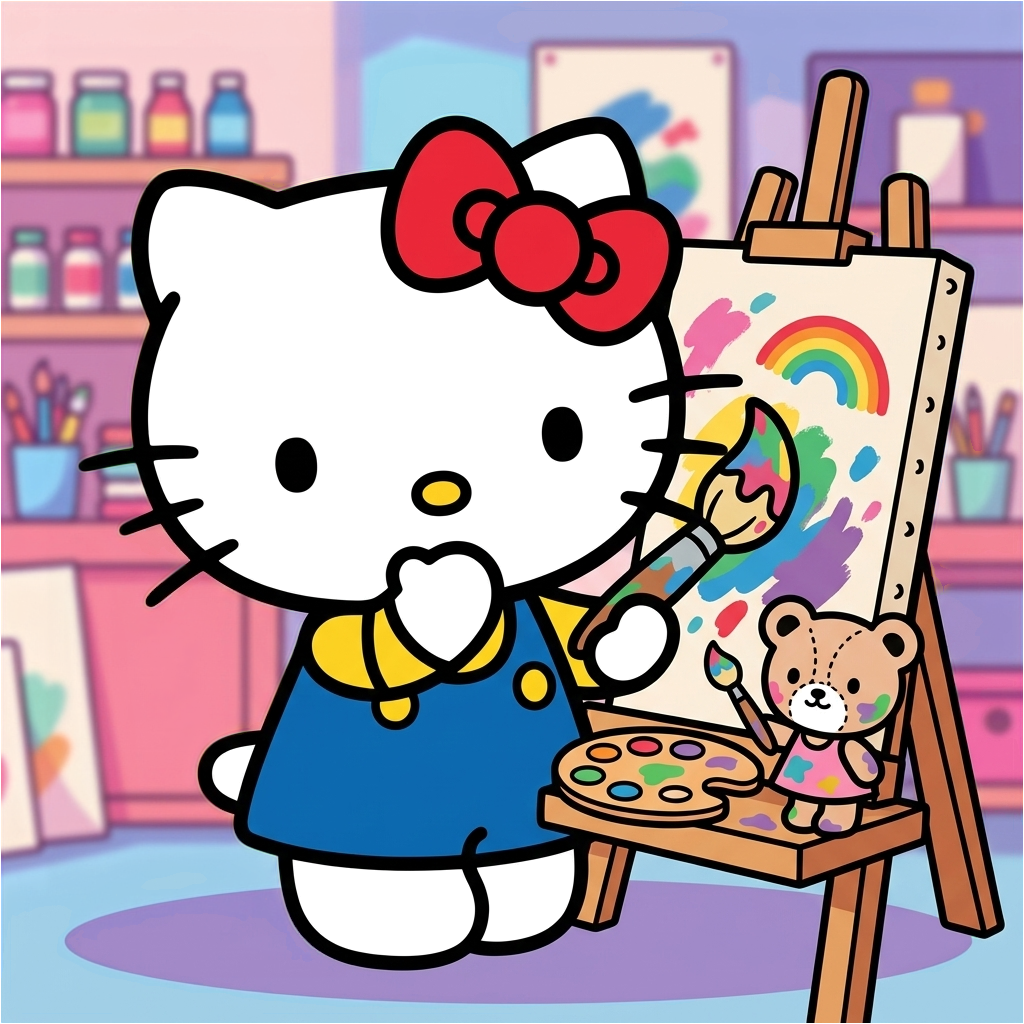 Hello Kitty standing beside an easel while painting.