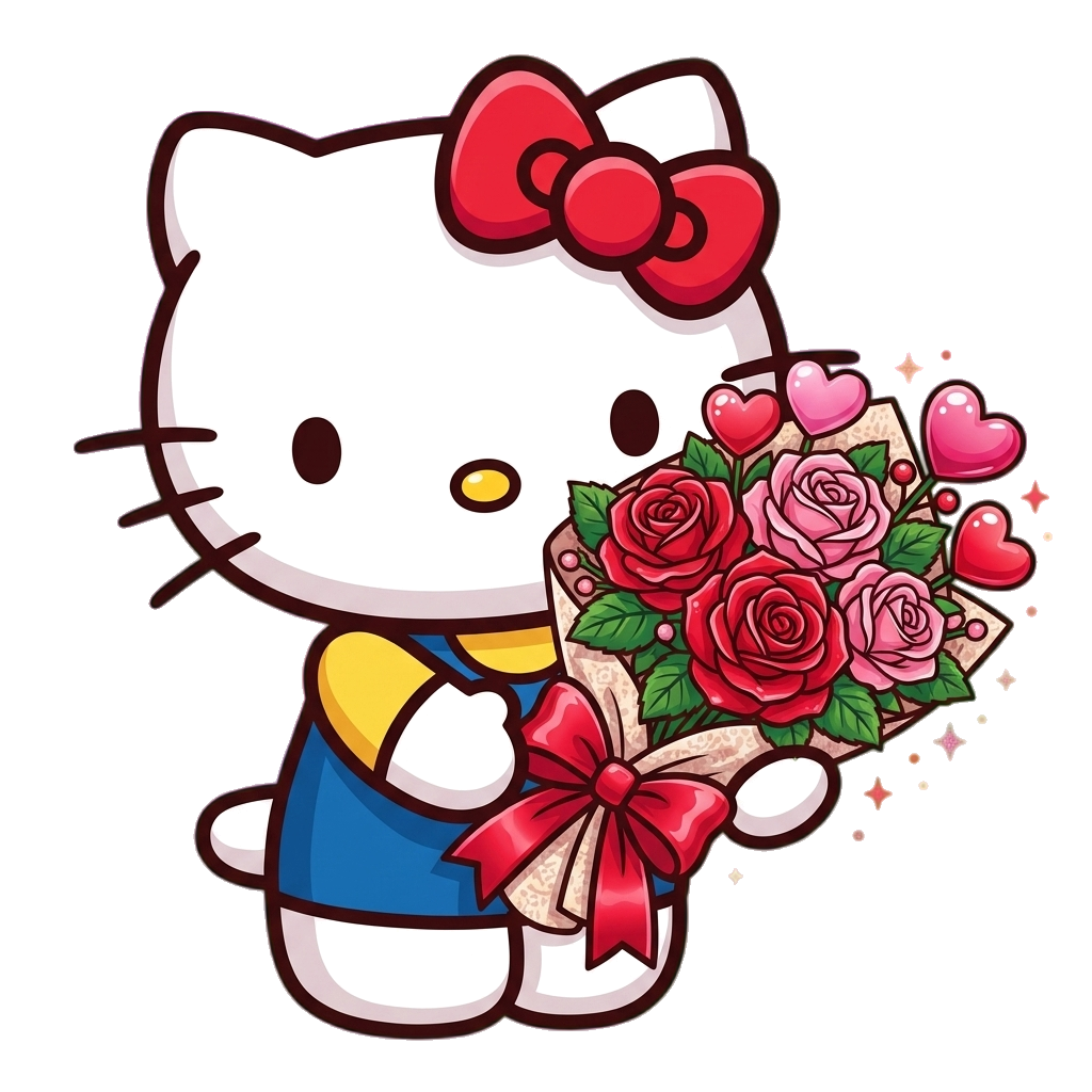 Hello Kitty holding a bouquet of red roses.
