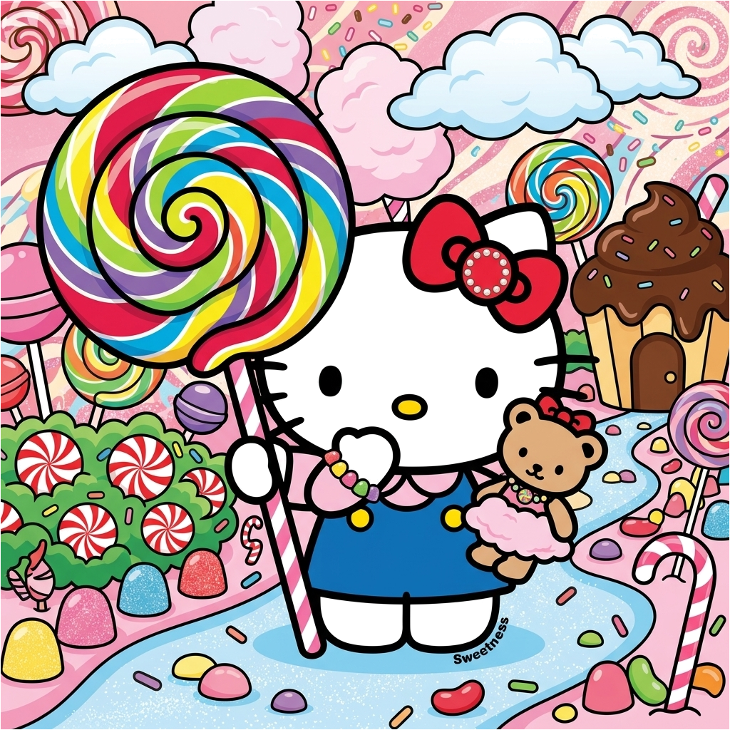 Hello Kitty standing in a colorful candy-themed scene with a large lollipop.