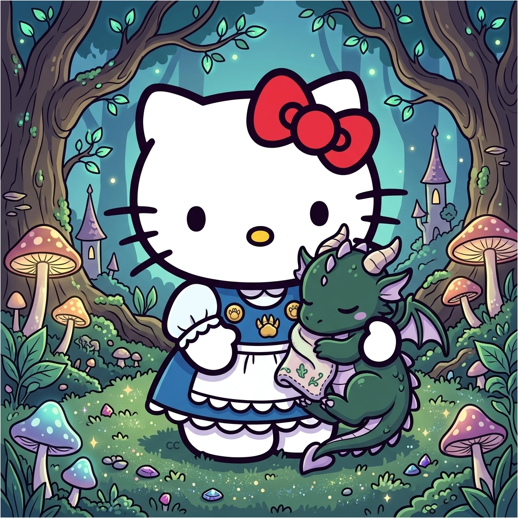 Hello Kitty in a magical forest setting surrounded by fantasy elements.